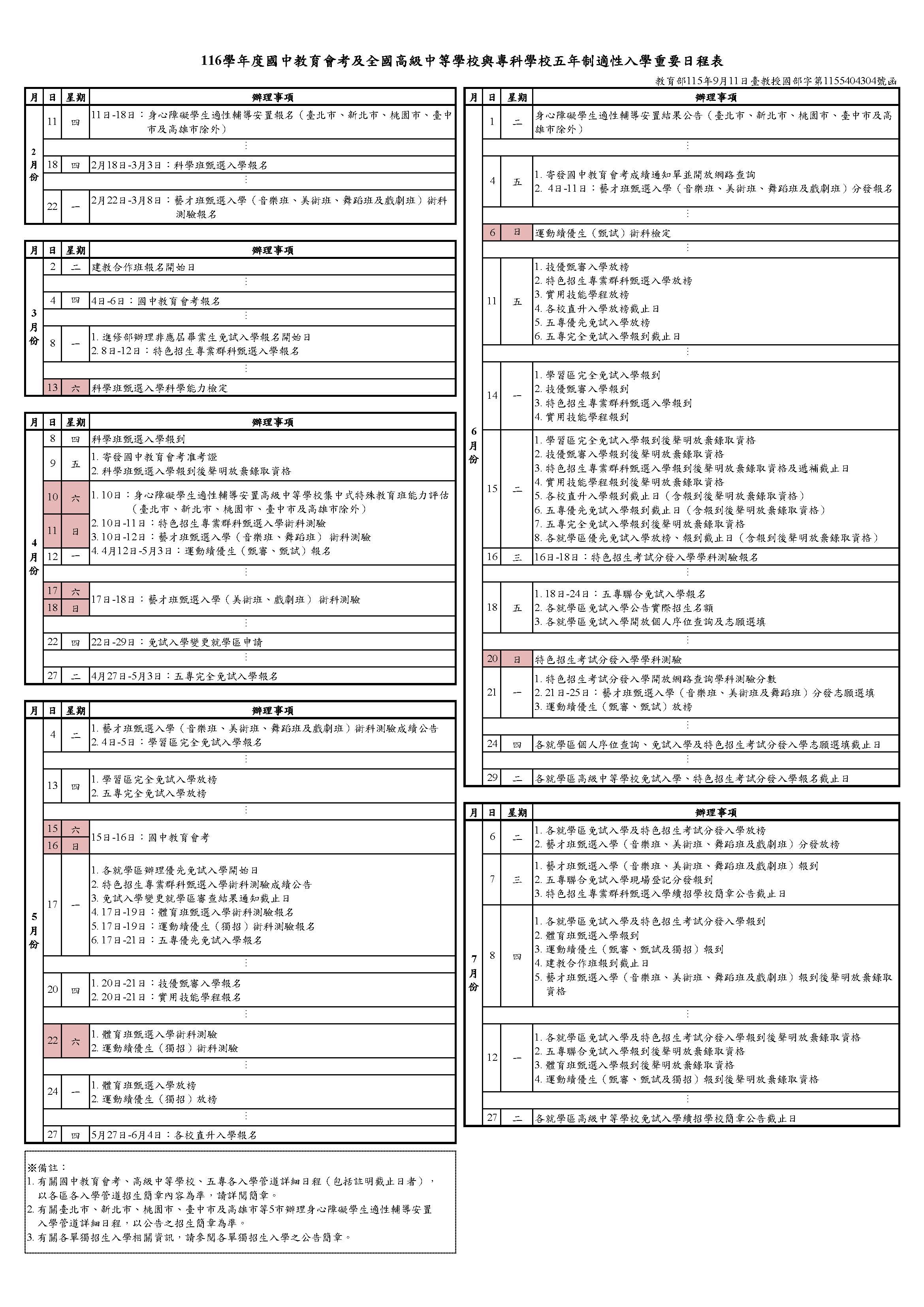重要日程表