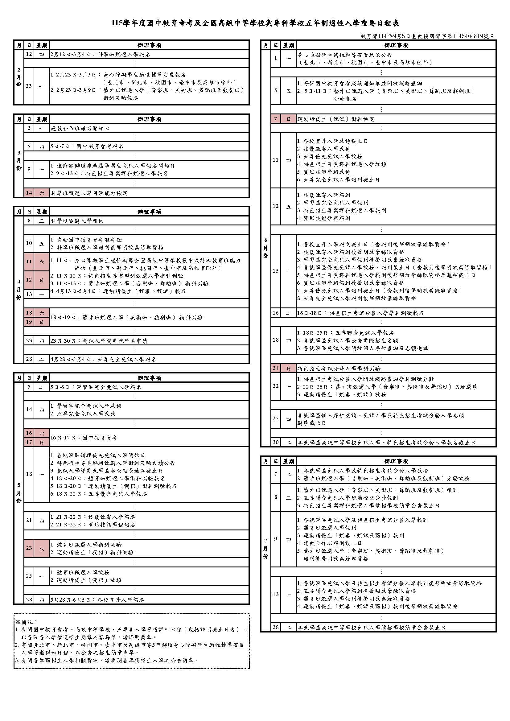 重要日程表